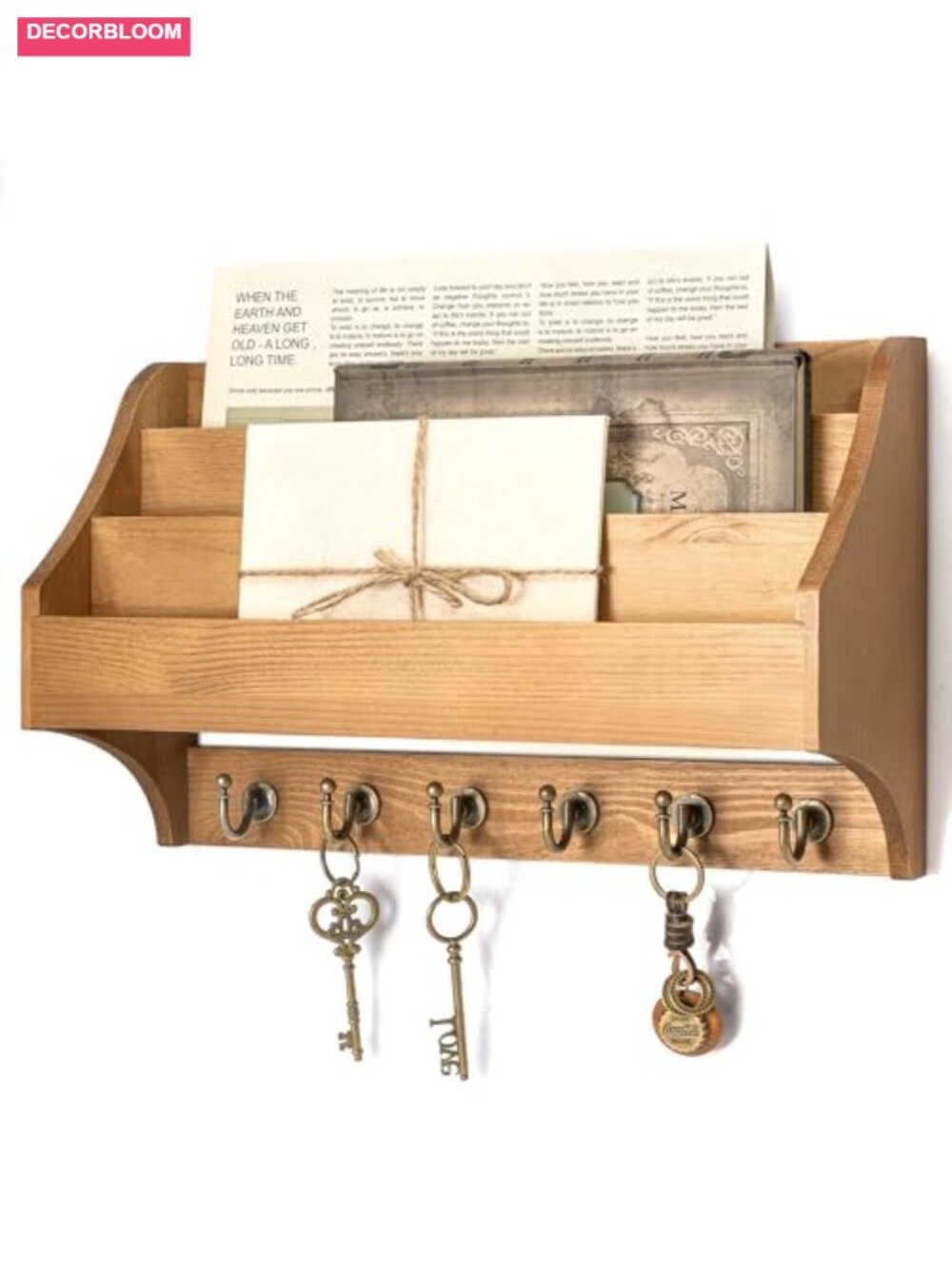Rustic 3-Tier Key Holder Wall Mount with Sturdy Hooks Solid Pine Wood Mail - Picture 1 of 5